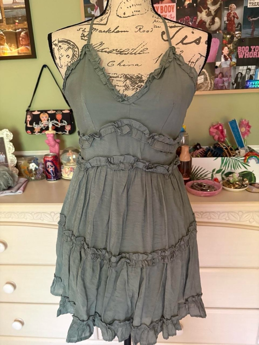 Francesca's Collections Olive Green Ruffle Tiered Mini Dress